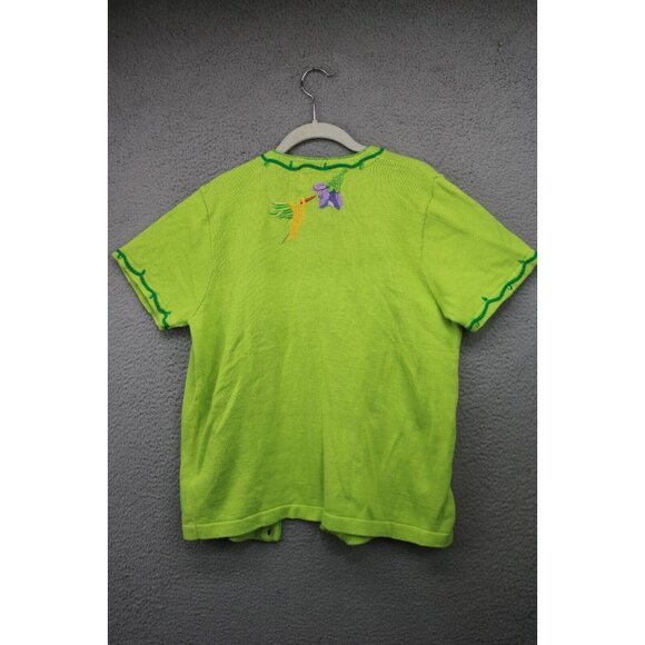 Quaker Factory Lime Green Embroidered Beaded Sweater-Large-Button Up-Birds - Picture 13 of 15